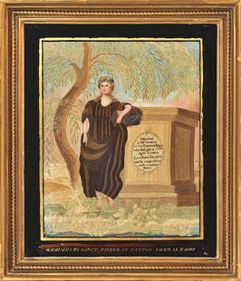 Silk Embroidered Memorial Sampler, Canton, MA 1808: (On monument): inscribed/ to the memory/ of Mrs Susanna Fisher/ who died Jan 2. 1799/ Aged 31 years./ Lo where this silent/ marble weeps a friend/ a wife a mother/ sleeps. (On Glass): WROUGHT BY