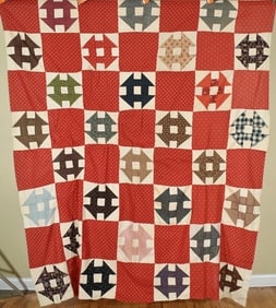 1880's Churn Dash Quilt Top, Red Background