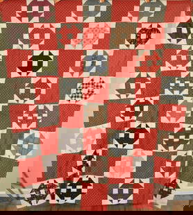 1880's Churn Dash Quilt Top, Red Background: This VIBRANT cotton churn dash / monkey wrench quilt top is all hand pieced, with a red print background. It measures 74" X 86" and is in very good condition, with the occasional small age spot and no