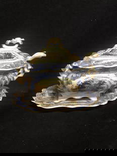 2 Color 4pc Staffordshire Sauce Tureen: The tray measures 8 1/4&#8221; x 6 3/4&#8221; and has no issues. The base measures 7 1/2&#8221; x 5&#8221; x 5 5/8&#8221; and has no issues. The ladle measures 6 5/8&#8221; x 2 7/8&#8221; and has been