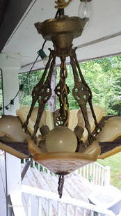 Rare 5 Shade Slip Shade Art Deco Aluminum Original Finish complete: Fantastic piece fresh from a new york estate. Rare in that I could not find this piece anywhere. Fixture is cast aluminum and complete. Needs a good cleaning and wiring looks good but highly recommend