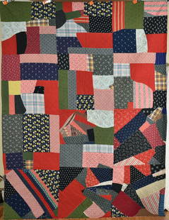 Vibrant 20's Cotton Crazy Quilt: Title: Vibrant 20's Cotton Crazy Quilt Date: 1920's Origin: Ohio Material: Cotton Dimension [INCHES]: 70" X 96" Provenance: Cotton crazy quilt, all machine pieced and hand quilted, with fabrics dating