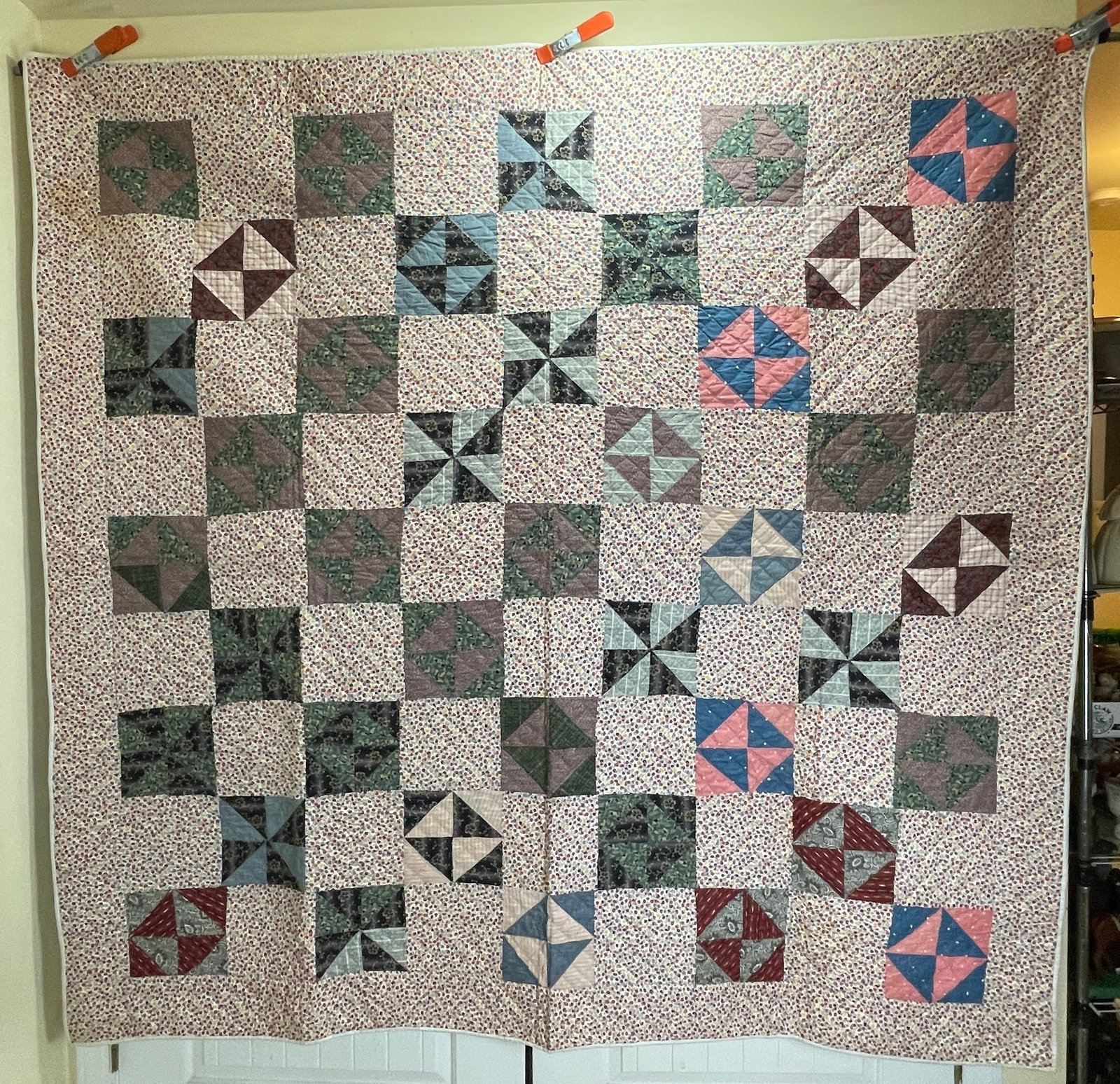 Charming Early Vintage Farmhouse Flowers & Pinwheel Quilt 83" x 82": Title: Charming Early Vintage Farmhouse Flowers & Pinwheel Quilt 83" x 82" Date/Period: unknown Dimension: Approx. 83" x 82" Material: fabric Additional Information: This charming early vintage farmho