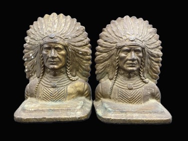 Antique Jennings Brothers Indian Chief Cast Iron Bookend Sculpture PAIR