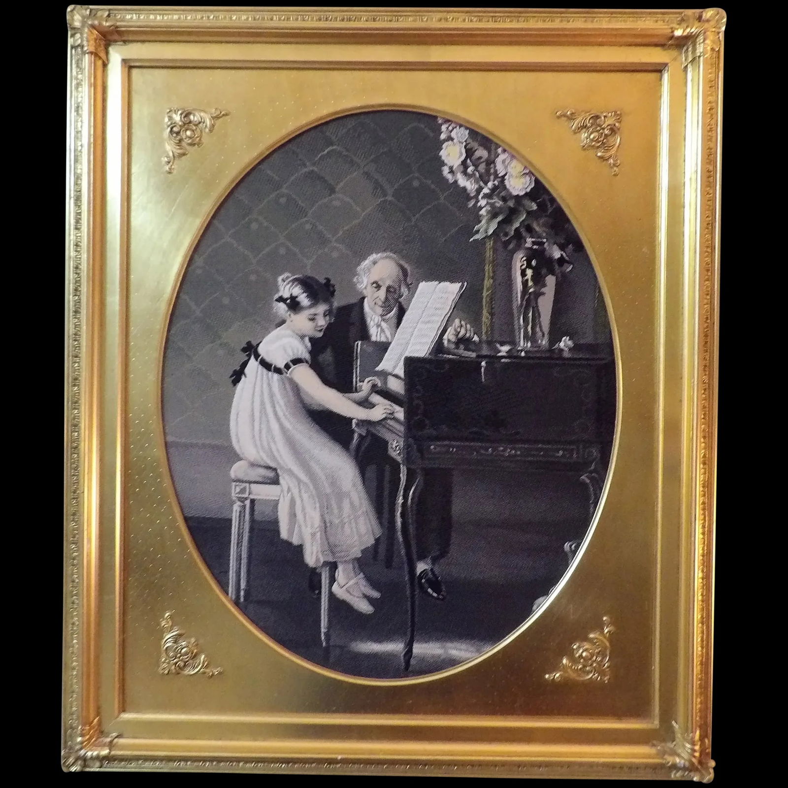 Finely Woven Silk Bordada (embroidered)- Harpsichord Lesson by Jules Alexis Muenier: This Finely Woven Silk Bordada (embroidered)- Harpsichord Lesson by Jules Alexis Muenier is a unique form of picture produced in the early 1900’s. The entire picture is here but the oval cuts our so