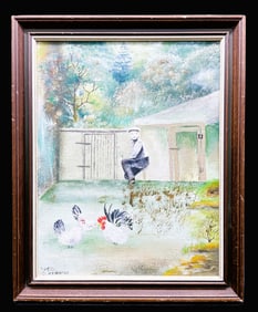 1962 PA FOLK ART Farm Scene w Chickens PAINTING C. REINHOLD Oil Painting Framed