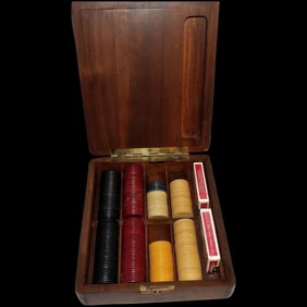 Antique Wooden Poker Chip Box with Clay Poker Chips