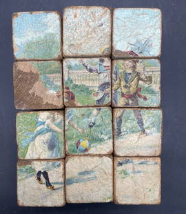 ANTIQUE 6 SIDED CHILDRENS VICTORIAN BLOCK CUBE PUZZLE: Title: ANTIQUE 6 SIDED CHILDRENS VICTORIAN BLOCK CUBE PUZZLE Date/Period: Approx early 1900's Dimension: each block is approx 1.5 square Material: wood with paper Additional Information: ANTIQUE 6 SID