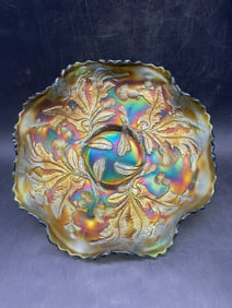 Fenton Carnival Glass Vintage Embossed Thistle Ruffled Bowl