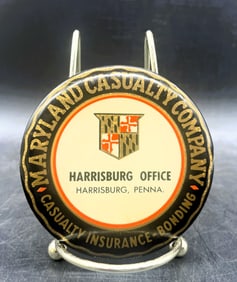 VINTAGE MARYLAND CASUALTY CO CELLULOID ADVERTISING POCKET MIRROR PAPERWEIGHT Harrisburg