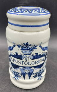 Oud Delft Apothecary Tobacco Jar Made in Holland U Apostolorum: Title: Oud Delft Apothecary Tobacco Jar Made in Holland U Apostolorum Date/Period: UNKNOWN Dimension: approx. 5.75 x 3 Material: CERAMIC Additional Information: OUD DELFT APOTHECARY TOBACCO JAR MADE I