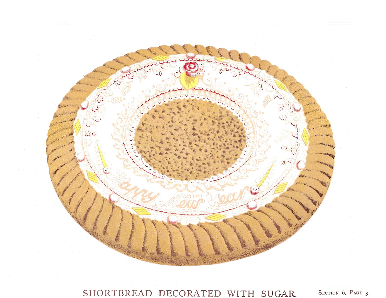 Shortbread Decorated with Sugar - antique print: Lot Title: Shortbread Decorated with Sugar - antique print Author/Artist: T. Percy Lewis & A.G. Bromley Date: c1903 Source: "The Book of Cakes": Size/Format: 11.25 x 8.5 inches Process: Chromolithogra
