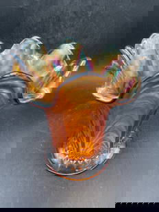 Fenton Boggy Bayou Marigold Carnival Glass Vase: Title: Fenton Boggy Bayou Marigold Carnival Glass Vase Date/Period: Dimension: Approx. 5" x 4" top diameter Material: glass Additional Information: FENTON Carnival Glass Squat Vase "BOGGY BAYOU" Marig