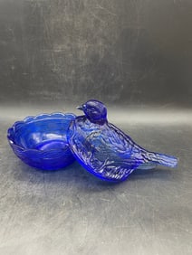 Vintage Heisey Glass Cobalt Blue Bird on Nest Candy Dish Dove