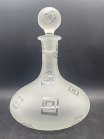 Art Glass Decanter Robert McCandless Signed, Etched Frosted Geometric Pattern