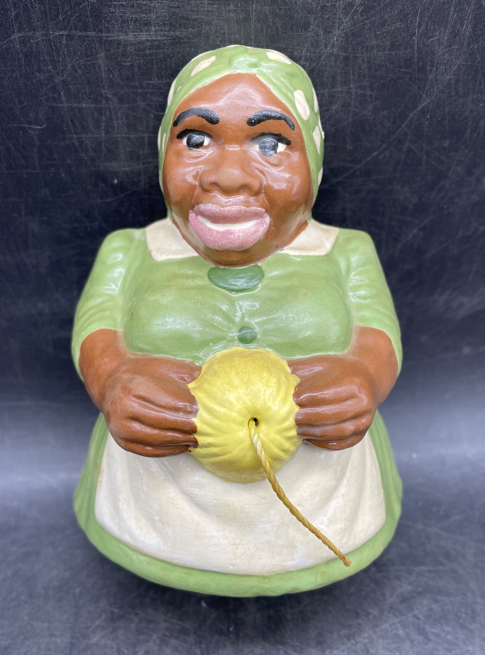 Black Americana String Holder Mammy With Yarn Ball: Title: Black Americana String Holder Mammy With Yarn Ball Date/Period: unknown Dimension: Approx. 6" x 4" x 3" Material: ceramic Additional Information: Black Americana String Holder Mammy With Yarn B