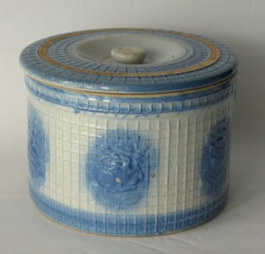 Antique blue & white stoneware butter crock with lid.
