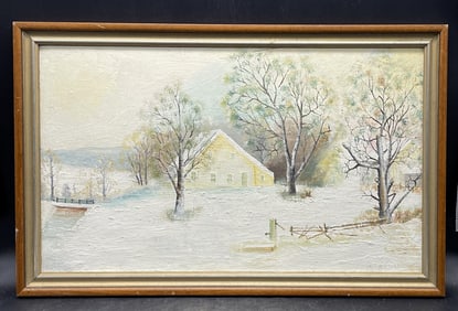 PA FOLK ART Winter Landscape w House PAINTING C. REINHOLD Oil Painting Framed