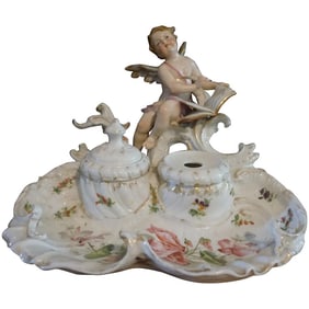 Antique signed German Porcelain double Inkwell cupid writing Love Note