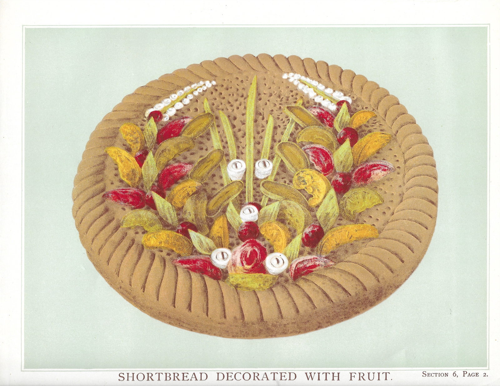 Shortbread decorated with fruit - antique print: Lot Title: Shortbread decorated with fruit - antique print Author/Artist: T. Percy Lewis & A.G. Bromley Date: c1903 Source: "The Book of Cakes": Size/Format: 11.25 x 8.5 inches Process: Chromolithogra