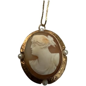 Antique 1890's Victorian 14K Gold Stone Cameo Pin Pendant w/ chain