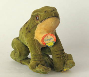 Antique Steiff “Froggy” plush toy.: Title: Antique Steiff &#8220;Froggy&#8221; plush toy. Date/Period: 1920's Dimension: 3 1/2&#8221; x 2 1/2&#8221; x 3 1/2&#8221; Additional Information: Nice antique Steiff &#8220;FROGGY&#8221; toy wit