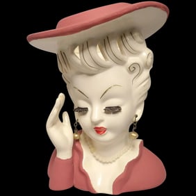 1950s Vintage Tilso Japan Lady Head Vase in Pink Hat and Ruffled Dress