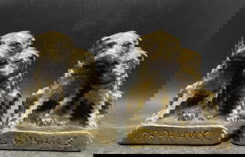 ANTIQUE CAST HUBLEY # 272 ORPHANS PUPPY DOG ART BOOKENDS: Title: ANTIQUE CAST HUBLEY # 272 ORPHANS PUPPY DOG ART BOOKENDS Date/Period: unknown Dimension: each approx. 4" long x 3" wide x 4" tall Material: metal Additional Information: ANTIQUE CAST HUBLEY # 2