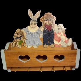 Vintage Folk Art Rabbit Wall Storage and Coat or Key Rack