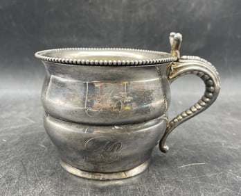 ANTIQUE 2Pc SILVER PLATE SHAVING MUG INSCRIBED and SIGNED, WITH SOAP DISH