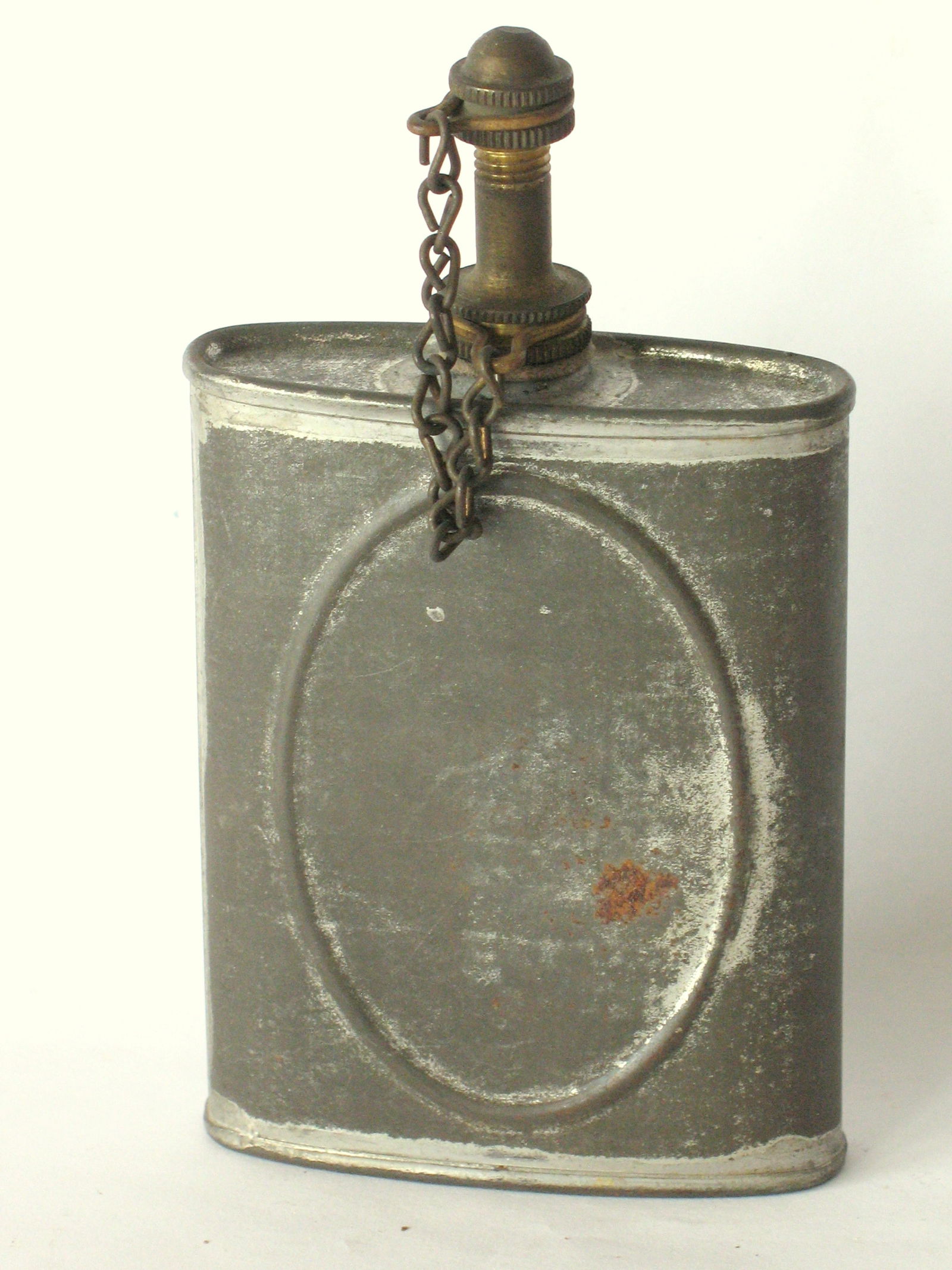 Antique tin and brass flask.: Title: Antique tin and brass flask. Date/Period: 1930's Dimension: 4” high Additional Information: Nice antique tin & brass flask in great all original patina & condition. Shipping: Domestic: Fl