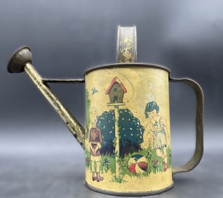 ANTIQUE TIN LITHO CHILDS WATERING CAN WITH SPOUT - GREAT STORY GRAPHICS