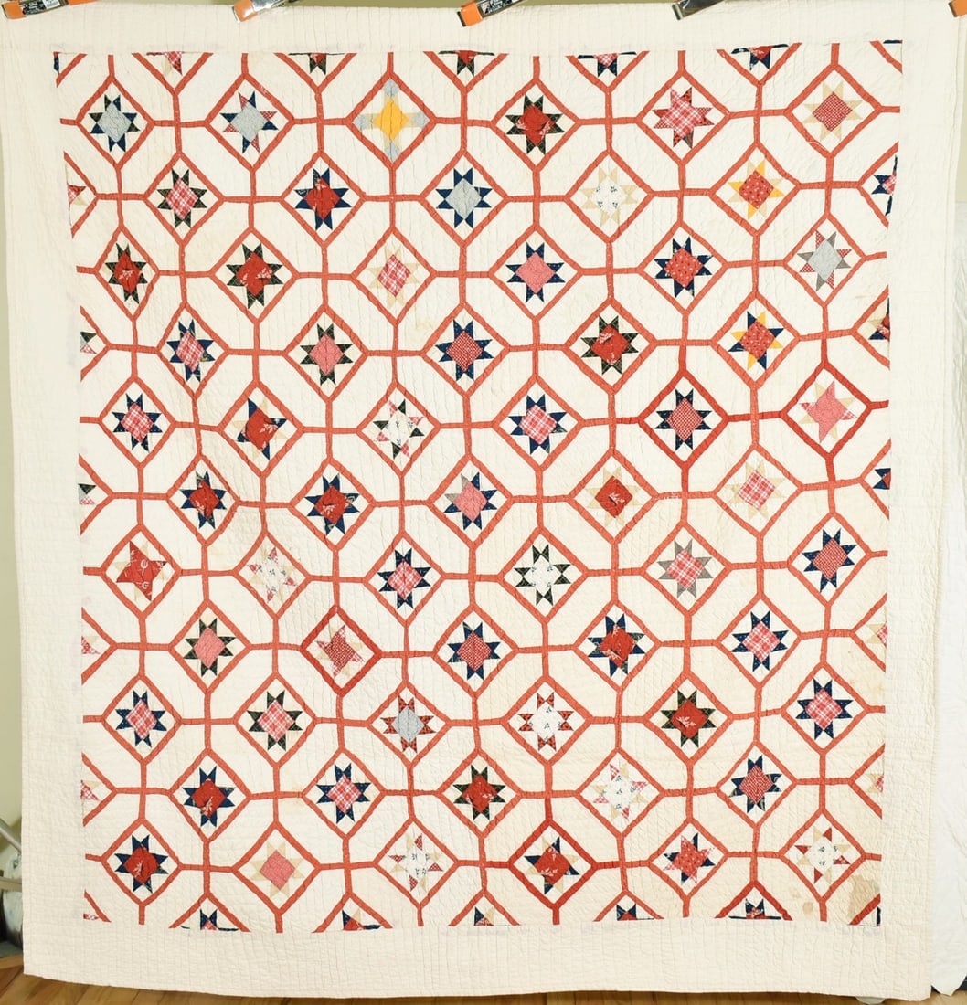 1880's Stars / Garden Maze Quilt: Title: 1880's Stars / Garden Maze Quilt Date: 1880's Origin: Ohio Material: Cotton Dimension [INCHES]: 72" X 80" Provenance: Cotton 1880's stars quilt, all hand pieced and hand quilted, with a nice sm