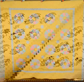 30's Dresden Plate Quilt, Cheddar Background: This BEAUTIFUL cotton 30's dresden plate quilt is all hand pieced and hand quilted, with hand embroidered accents and a sunny cheddar yellow background. The quilt came out of east/central Ohio. It mea