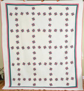 Well Quilted 30's Stars Quilt: Title: Well Quilted 30's Stars Quilt Date: 1930's Origin: Illinois Material: Cotton Dimension [INCHES]: 88" X 102" Provenance: Cotton 30's stars quilt, all hand pieced and hand quilted, with an unusua