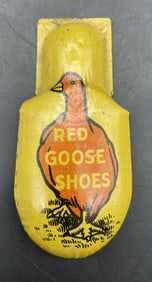 VINTAGE RED GOOSE SHOES ADVERTISING CLICKER TIN LITHO Germany