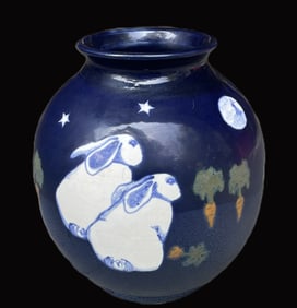 KAREN HOWELL BLUE RABBIT MOON POTTERY VASE SIGNED NUMBERED