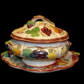 Vintage Large Italian Soup Tureen with Underplate and Grapevine Motif