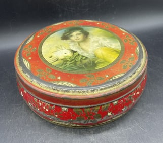 VINTAGE PEEK FREAN CO LONDON ENGLAND COOKIE BISCUIT TIN CHILD w Rabbit