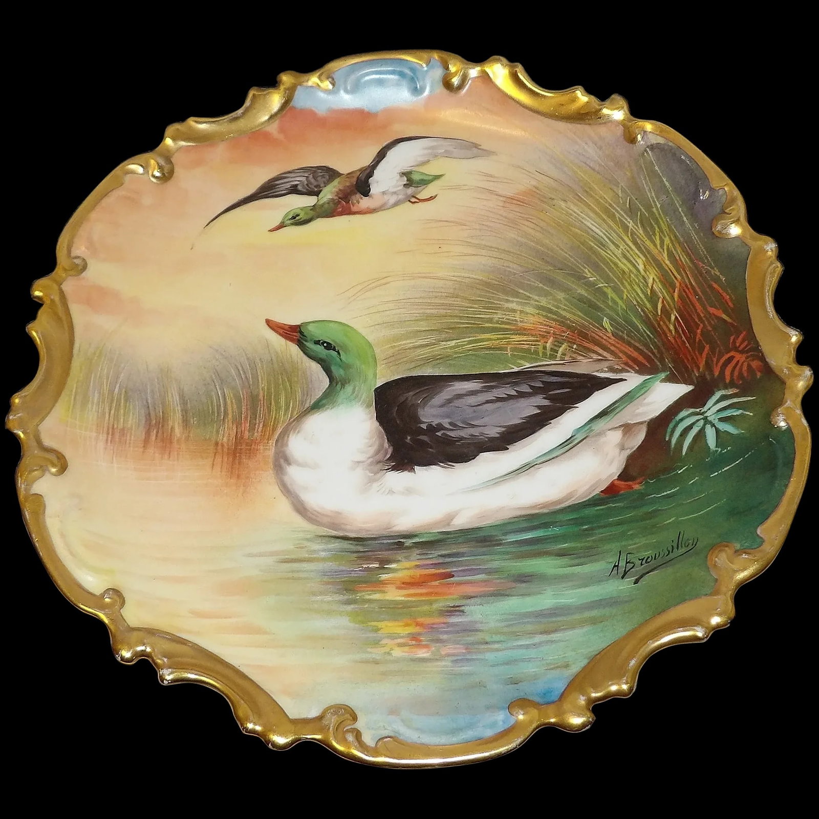 Antique Hand Painted Game Bird Charger Plate 13" Signed A. Broussillon: This Antique Hand Painted Game Bird Charger Plate 13" Signed A. Broussillon is in excellent condition. NO chips, crazing, loss of paint, or flea bites. Excellent antique condition. Hand painted and ar