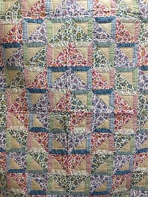 Floral Triangles Summer Quilt Hand Stiched 84" x 65"