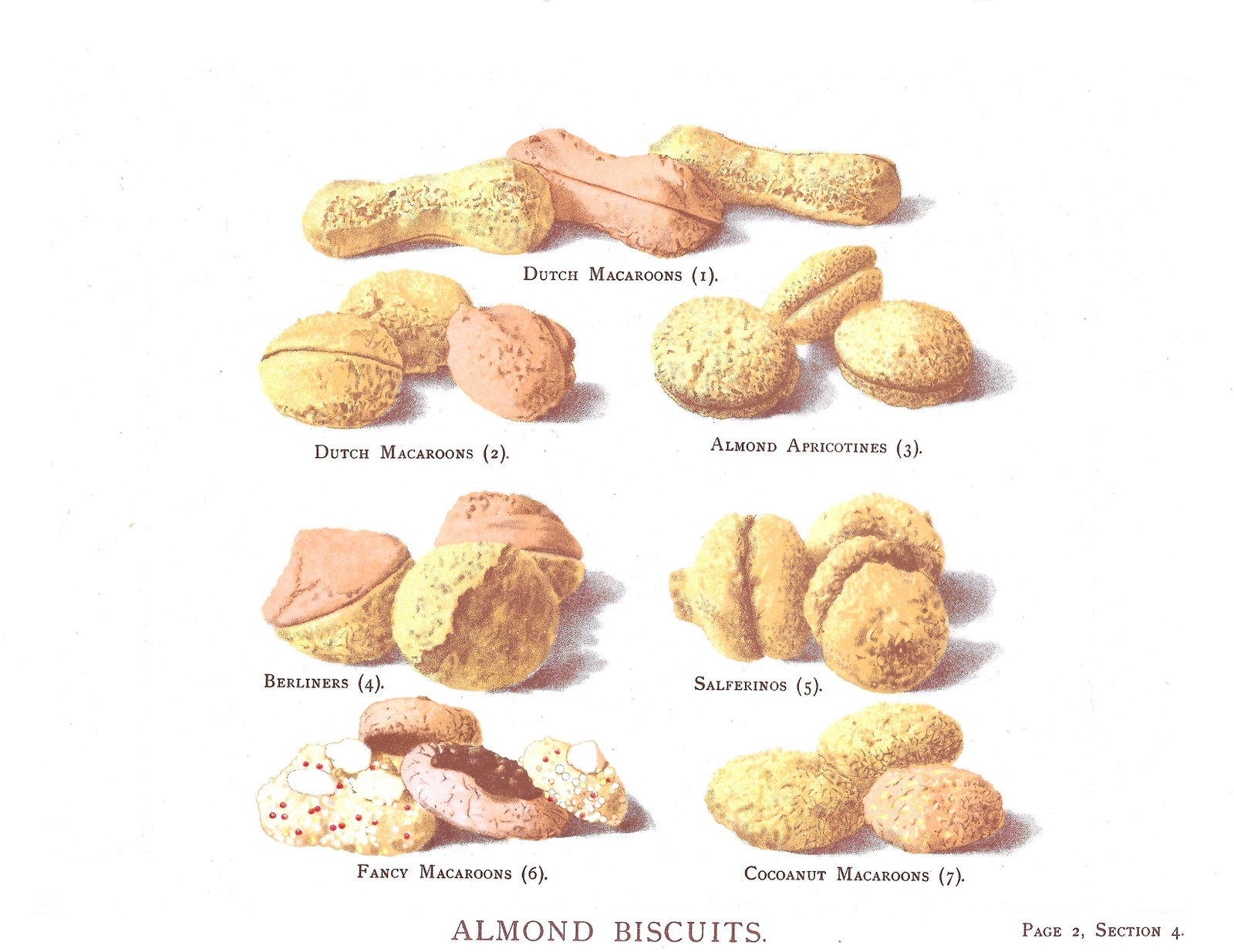 Almond Biscuits - antique print: Lot Title: Almond Biscuits - antique print Author/Artist: T. Percy Lewis & A.G. Bromley Date: c1903 Source: "The Book of Cakes": Size/Format: 11.25 x 6.5 inches Process: Chromolithograph Additional In