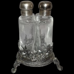 Antique French Double Perfume Bottles with Pewter Stand