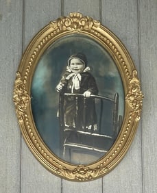 Antique Gold Gilt Wood Convex Bubble Glass Child Picture