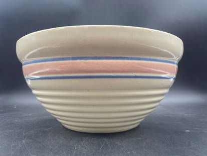 MCCOY MIXING BOWL PINK & BLUE: Title: MCCOY MIXING BOWL PINK & BLUE Date/Period: Dimension: approx. 9.5" Material: yellowware Additional Information: MCCOY POTTERY PINK & BLUE BANDED STRIPED MIXING BOWL Shipping: Domestic: Flat-rat