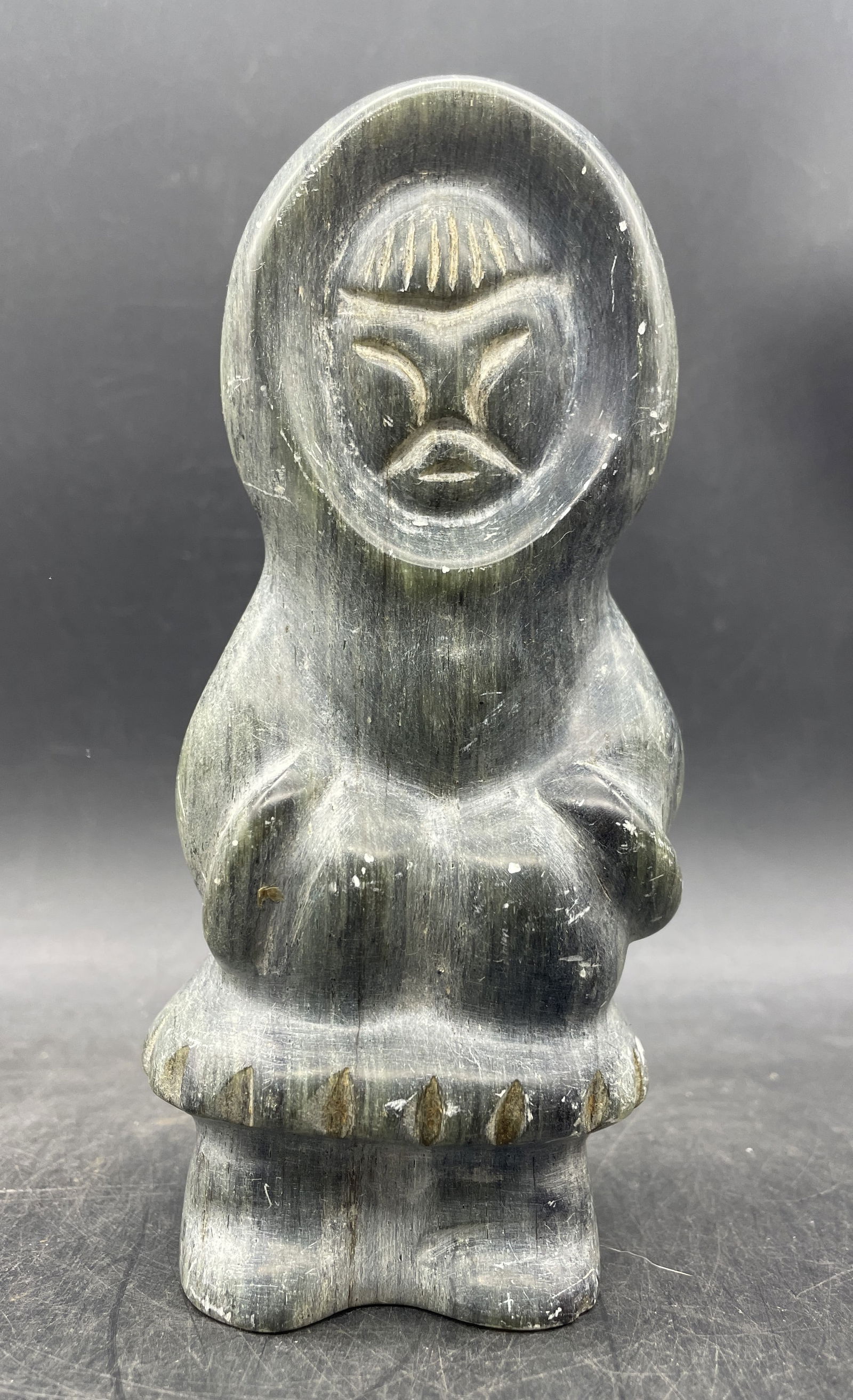 Carved Inuit Soapstone Bear by Alaskan Carver Bill Talmadge: Title: Carved Inuit Soapstone Bear by Alaskan Carver Bill Talmadge Date/Period: unknown Dimension: zpprox 6 x 2.5 Material: STONE Additional Information: Vintage Signed Carved Inuit Soapstone Bear by
