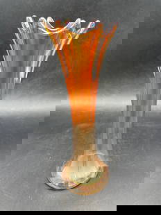Vintage Marigold Carnival Glass Swung Bud Vase: Title: Vintage Marigold Carnival Glass Swung Bud Vase Date/Period: Dimension: Approx 9" Material: glass Additional Information: Vintage Marigold Carnival Glass Swung Bud Vase Shipping: Domestic: Flat-