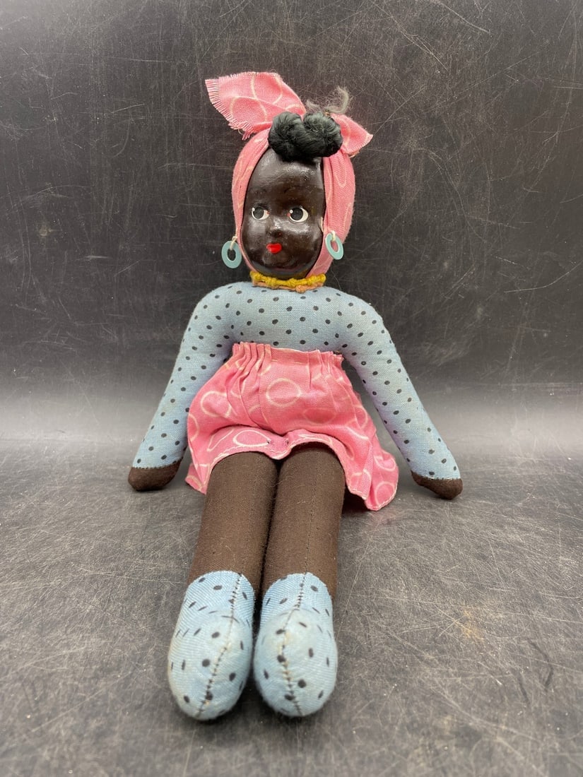 Rare Vintage African American Cloth Rag Doll Painted Face 12” Made In Poland (1 of 8)