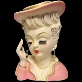5 ¼” Lady Head Vase with Earrings and Necklace Pink Blouse