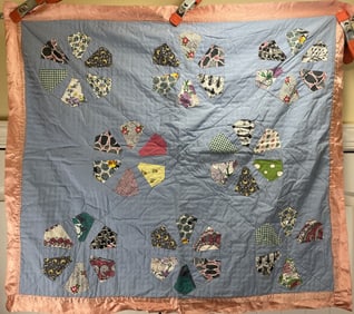 Vintage Shabby Quilt Pinwheel Lightweight Handmade w/ Satin Border 39" x 35"